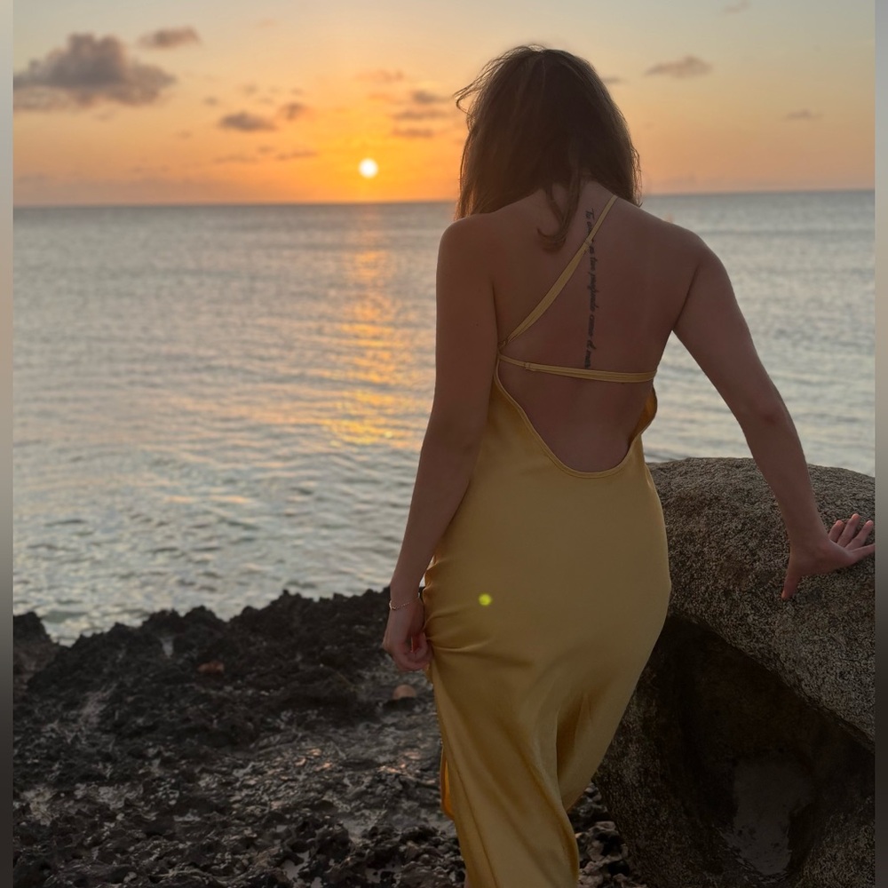 Moonlight Open Back Satin Slit Long Dress - Yellow